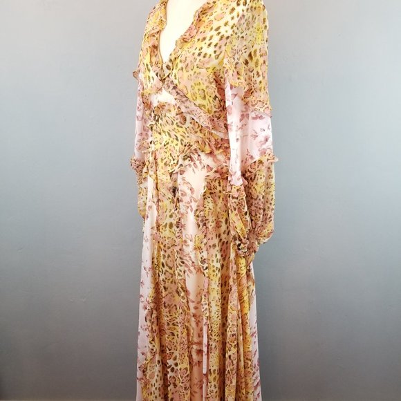 Bardot Blush & Yellow Print Frill Ruffle A Line Maxi Dress Size Medium NEW - Picture 5 of 11